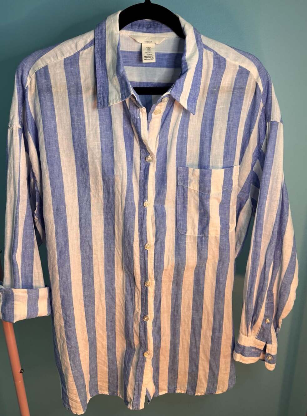 H&M Blue and White Striped Linen Button-Up Shirt